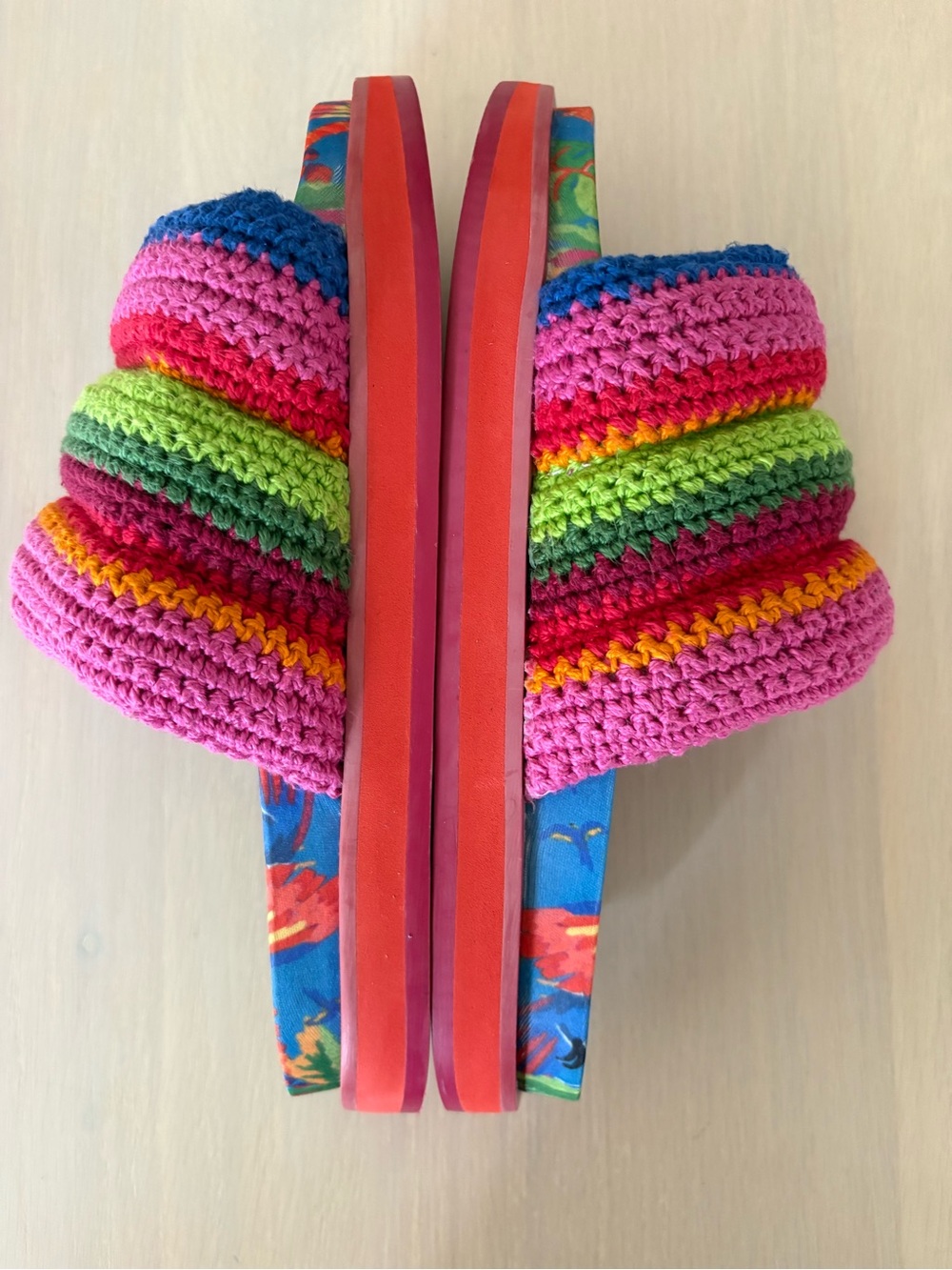 FARM Rio Rainbow Crochet Strap Slide Sandals in Pink, Green, Blue, Orange - Picture 3 of 8
